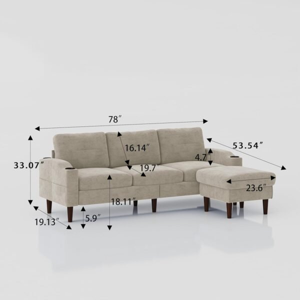 Sofa Couch, Sectional Couch Home Sofa for Living Room 3 Seater, Lounge Sofa with Ottoman, Couch with USB Charging & Cup Holders, L Shaped Modular Sectional Sofa for Office/Small Space, Beige - Image 2