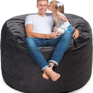 4FT Bean Bag Chairs for Adults with Filling,Big BeanBag Chair with Pocket&Handle,Memory Foam Bean Bags with Velvet Cover for Living Room Bedroom (Grey)