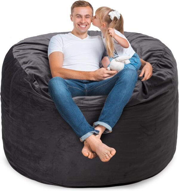 4FT Bean Bag Chairs for Adults with Filling,Big BeanBag Chair with Pocket&Handle,Memory Foam Bean Bags with Velvet Cover for Living Room Bedroom (Grey)