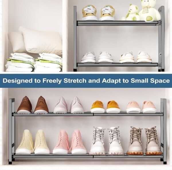 2-Tier Expandable Shoe Rack for Closet, 18“-33” Adjustable Shoe Rack for Small Space, Small Shoe Organizer for Front Door, Sturdy Metal, Gray - Image 3