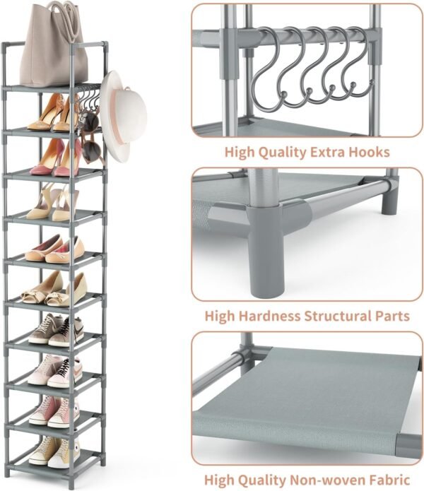 Narrow Shoe Rack 10-Tier Tall Shoe Organizer Skinny Shoe Shelf Storage for 10-15 Pairs Shoe and Boot, Space Saving Corner Shoe Rack Organizer for Closet, Entryway, Living Room, Grey - Image 4