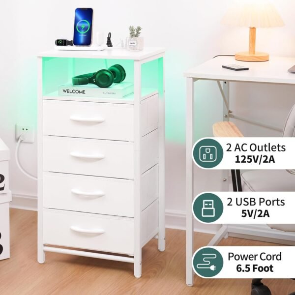 Yoobure Night Stand - LED White Nightstand with Charging Station, Bedside Table with 4 Storage Drawers and Storage Shelf, End Table with USB Ports and Outlets, Fabric Dresser for Bedroom - Image 5