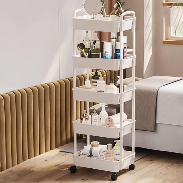 5-Tier Rolling Cart, Utility Cart with Lockable Wheels, Storage Cart Craft Cart Book Cart Diaper Cart Organizer for Bathroom Kitchen, White - Image 6