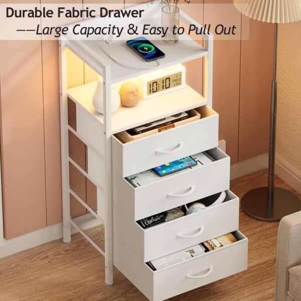Furnulem White Nightstand with Charging Station, Night Stand Side Table with Led Light, Tall Dresser for Bedroom with 4 Fabric Storage Drawers, Metal Frame, Wood Shelf(White) - Image 7