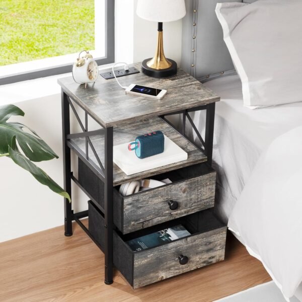 AMHANCIBLE Night Stand Set 2, Nightstand with Charging Station, End Tables Living Room with USB Ports and Outlets, Bedside Tables with Fabric Drawers for Bedroom, Ink Grey HET05XKG - Image 5