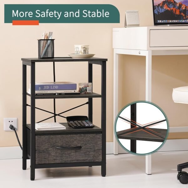 Yoobure Grey Night Stand with Charging Station, LED Nightstand for Bedroom, Bedside Tables with Adjustable Fabric Drawer, 3-Tier End Table Living Room, Small Side Table with Storage - Image 8