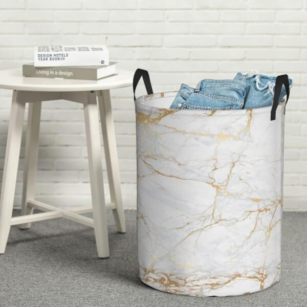 White Marble Round Laundry Hamper Marbling Texture Storage Basket Waterproof Coating Organizer Bin For Nursery Clothes Toys, 38L - Image 6