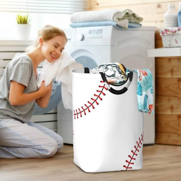 Red Stitching Baseball Laundry Hamper White Ball Storage Basket Toys Clothes Organizer Bin For Home Bathroom Bedroom Dorm Nursery, 52l - Image 6