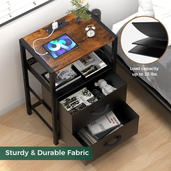 Night Stand with Drawers, Bedside Table with USB Ports and Outlets Chargin Station, 2 Fabric Storage Shelf Nightstand for Small Spaces, Bedroom, Dormitory, Sofa, Living Room, Black - Image 5