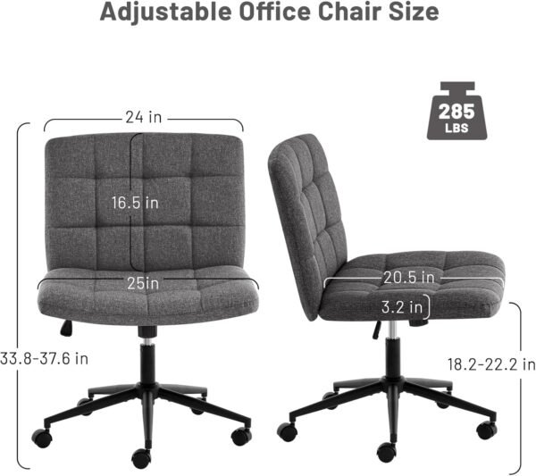 Furniliving Armless Office Desk Chair, Linen Fabric Padded Swivel Chair, Adjustable Home Office Chair with 360° Wheels, Wide Criss Cross Chair for Desk for Living Room, Bedroom, Darkgrey - Image 2