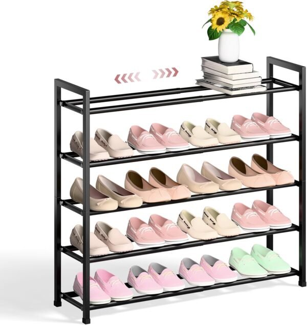 5-Tier Expandable Shoe Rack for Closet, 18“-33” Adjustable Shoe Rack for Small Space, Small Shoe Organizer for Front Door, Sturdy Metal (Black) - Image 3