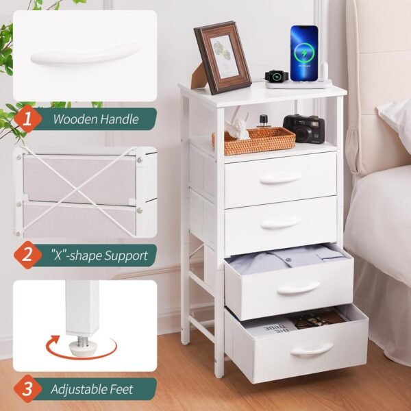 Yoobure Night Stand - LED White Nightstand with Charging Station, Bedside Table with 4 Storage Drawers and Storage Shelf, End Table with USB Ports and Outlets, Fabric Dresser for Bedroom - Image 6