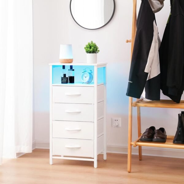 Yoobure Night Stand - LED White Nightstand with Charging Station, Bedside Table with 4 Storage Drawers and Storage Shelf, End Table with USB Ports and Outlets, Fabric Dresser for Bedroom - Image 2