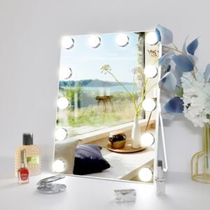 Zdorzi 10″x 12″ Vanity Mirror with Lights, Hollywood Lighted Makeup Mirror with 3 Color Modes and 12 Dimmable Diamond LED Light Bulbs, Touch Control for Bedroom, White