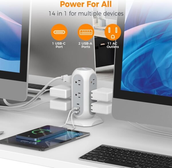 Tower Power Strip Flat Plug with 11 Outlets 3 USB (1 USB C), TESSAN Surge Protector Tower 1625W/13A,1050J Protection, 6 Feet Extension Cord with Multiple Outlets, Office Desk Supplies, Dorm Essentials - Image 6