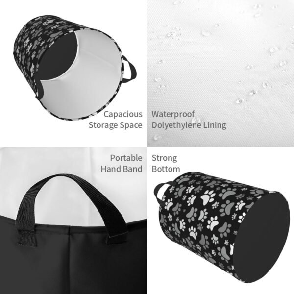 Black And White Dog Paws Round Laundry Hamper Cute Animal Footprints Storage Basket Toys Clothes Organizer Bin For Home Bathroom Bedroom Dorm Nursery, 38l - Image 3