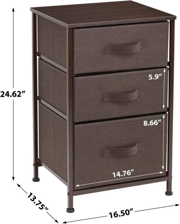 Sorbus Nightstand with 3 Drawers - Bedside Furniture & Accent End Table Chest for Home, Bedroom Accessories, Office, College Dorm, Steel Frame, Wood Top, Easy Pull Fabric Bins (Brown) - Image 3