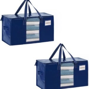 VENO 2 Pack Moving Bags, Comforter and Blanket Storage Bags for Closet, Moving Boxes, Boxes with Lids Alternative, College Dorm Packing Supplies, Foldable Heavy-Duty Tote with Window (Blue, 2 Pack)