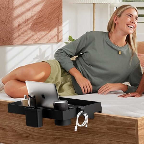 SPACEKEEPER Bedside Shelf for Bed, Foldable Bunk Bed Shelf Clip On Nightstand for Top Bunk College Dorm Room Essentials Floating Table Tray Bed Side Shelf Organizer, Plus Size, Black - Image 7