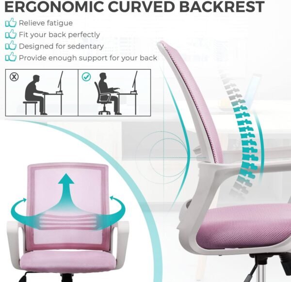 Office Chair, Desk Chair Ergonomic Pink Office Chair Computer, Home Desk Chairs with Wheels Desk Chair, Mid Back Mesh Office Chair Rolling Swivel Chair with Lumbar Support Armrests - Image 5
