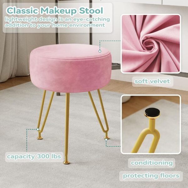 Ottoman Velvet Vanity Stool - Stool for Bedroom,Make Up Chiar Soft Footrest 3 Metal Legs with Anti-Slip Feet，Vanity Chair for Makeup Room,Living Room,Bathroom,Dormroom Light Pink Vanity Chair - Image 4