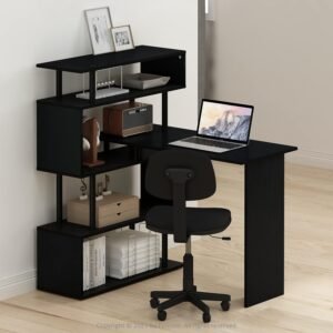 Furinno Classic L-Shape Computer Desk, Writing Desk with 5-Tier S-Shaped Side Shelves, Americano/Black