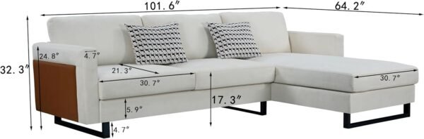 DEINPPA L Shaped Sofa Couch with Charging Port, Convertible Sectional Sofa with Linen Fabric, Modern Couch with Reversible Chaise for Living Room and Small Space, Beige - Image 2