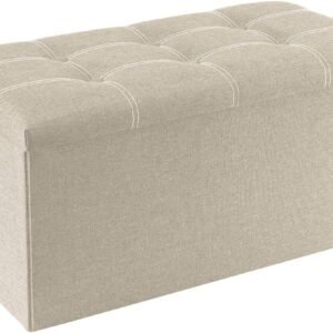 30 inches Folding Storage Ottoman, 80L Ottoman Bench Footrest Stool, Linen Fabric Beige Storage Chest Padded Seat for Bedroom and Living Room, Support 350lbs