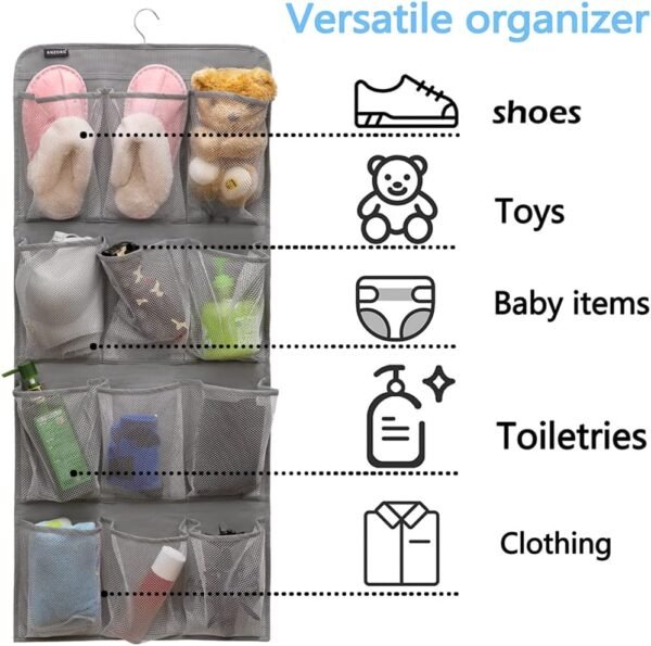 Dual Sided Hanging Shoe Organizer for Closet with Rotating Hanger Hanging Shoe Rack Holder with 24 Large Pockets (Grey-Mesh Pockets) - Image 2