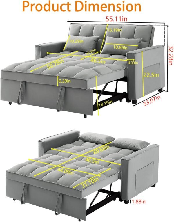 Sleeper Sofa Bed,3 in 1 Convertible Futon Sofa Couch Pull Out Bed,Love Seat Lounge Sofa with RecliningBackrest,Furniture Sleeper Chair for Living Room (Blue) - Image 3