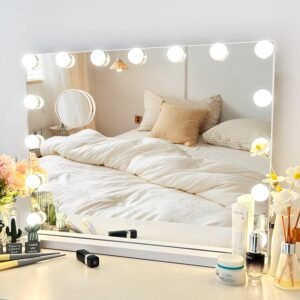 Vanity Mirror with Lights Lighted Makeup Mirror with 15 Dimmable LED Bulbs,3 Color Lighting Modes,USB Charging Port Touch Control,Sturdy Metal Frame Design 24×18 Inch,White