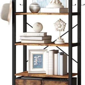 oneinmil 5-Tier Bookshelf with 2 Storage Drawers, Industrial Display Standing Shelf, Rustic Wood Storage Shelf with Metal Frame, Open Bookcases for Living Room, Bedroom, Home Office (Brown)