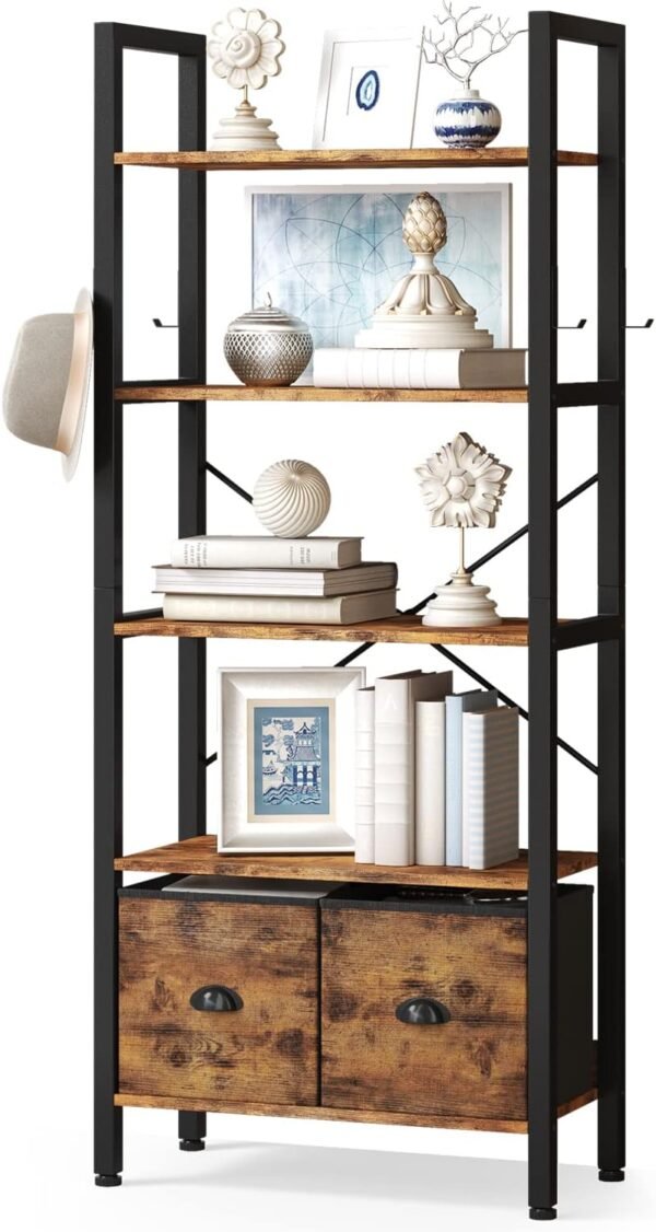 oneinmil 5-Tier Bookshelf with 2 Storage Drawers, Industrial Display Standing Shelf, Rustic Wood Storage Shelf with Metal Frame, Open Bookcases for Living Room, Bedroom, Home Office (Brown)