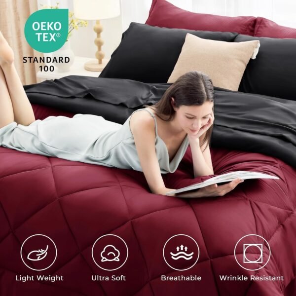 5 Pieces Twin XL Comforter Set, Dorm Bedding Sets, Back to School Bed in a Bag 5 PCS, Down Alternative Sets with Comforter, Flat Sheet, Fitted Sheet, Pillowcase & Pillow Sham, Burgundy Red & Black - Image 3
