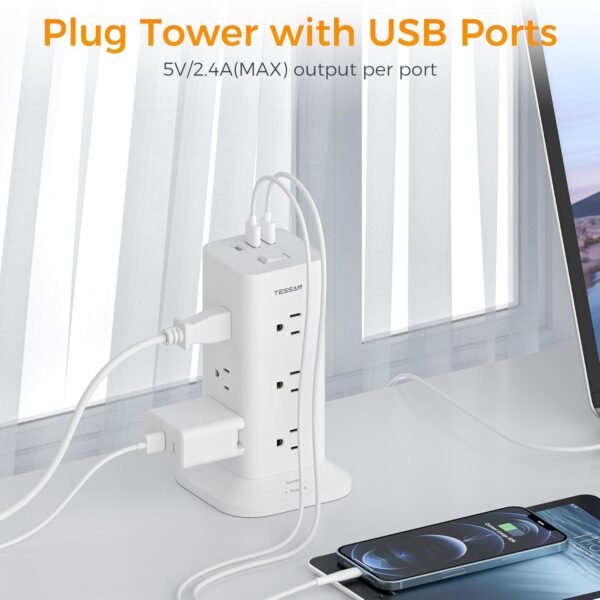 Power Strip Tower with Surge Protection, TESSAN Flat Plug Extension Cord 6 Feet with 12 Multiple Outlets 3 USB Ports (1 USB C), Surge Protector Tower for Home, Office Supplies, Dorm Room Essentials - Image 4