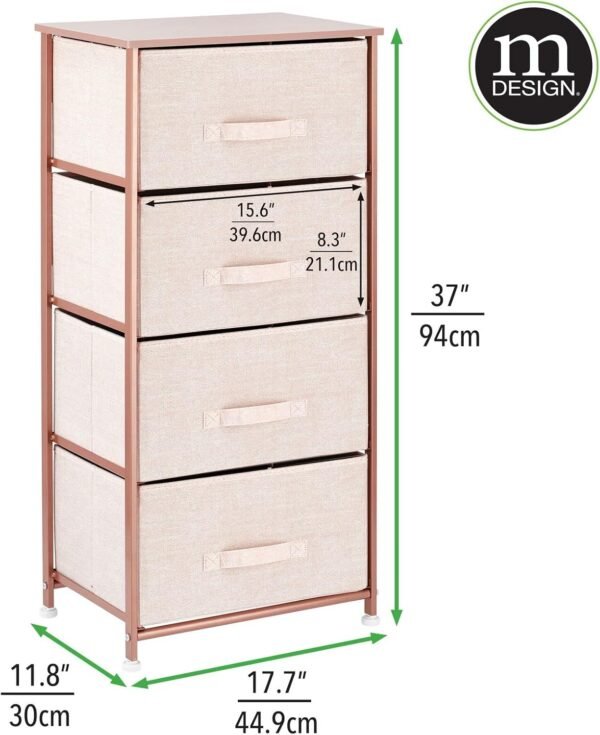 mDesign Tall Dresser Storage Tower Stand with 4 Removable Fabric Drawers - Steel Frame, Wood Top Organizer for Bedroom, Entryway, Closet - Lido Collection - Light Pink/Rose Gold - Image 4