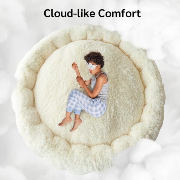 BYBYME Fluffy Soft Bean Bag Bed, Human Round Cloudy Dog Bed, Extra Wider Full Floor Mattress with Long Faux Fur Cover, Beige, 80x80 Inch - Image 3