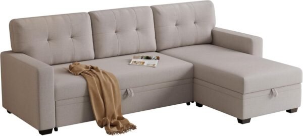 82" Sectional Small Sofa with Pull Out Bed,L-Shape Upholstered Sleeper Couch W/Storage Chaise,Tufted Backrest Design,3 Seat Linen Convertible Sofas for Living Room Apartment Office,Beige - Image 7
