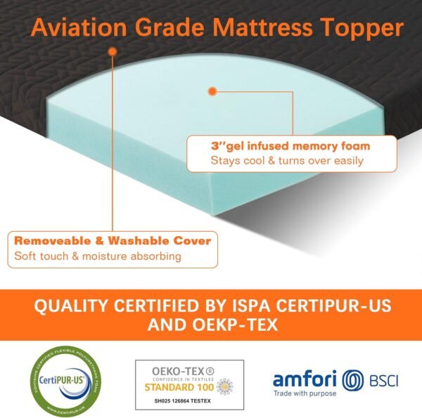 bedluxury 3 Inch Twin Size Mattress Topper Gel Memory Foam, High Density Soft Foam Mattress Pad Cover for Pressure Relief, Bed Topper with Removable Breathable Cover,Black - Image 2