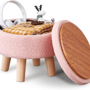Wimarsbon Storage Ottoman, Modern Round Footrest with Soft Padded Seat, Teddy Velvet Footstool with Wood Legs, Accent Small Table or Plant Stand for Hallway, Living Room (Pink)