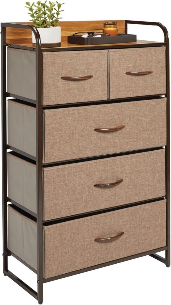 mDesign Tall Dresser Storage Chest - Vanity Furniture Cabinet Tower Unit for Bedroom, Office, and Closet - Textured Print - 5 Removable Drawers - Coffee/Espresso Brown