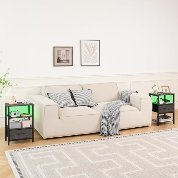 Yoobure Grey Night Stand with Charging Station, LED Nightstand for Bedroom, Bedside Tables with Adjustable Fabric Drawer, 3-Tier End Table Living Room, Small Side Table with Storage - Image 6