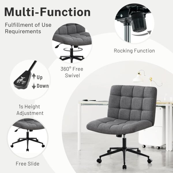 Furniliving Armless Office Desk Chair, Linen Fabric Padded Swivel Chair, Adjustable Home Office Chair with 360° Wheels, Wide Criss Cross Chair for Desk for Living Room, Bedroom, Darkgrey - Image 5