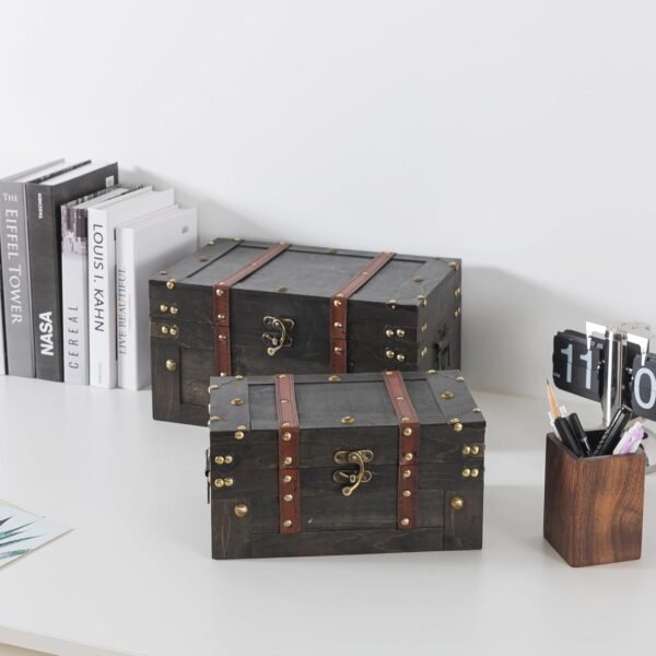 Soul & Lane Vintique Wooden Chest Duo - Elegant Wood Storage Trunks with Lids & Vintage Charm (Set of 2), Antique Versatile Organizational Decor for Home & Office - Image 7