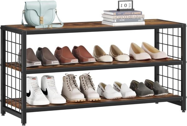Homeiju Shoe Bench, 3-Tier Shoe Rack, Industrial Shoe Organizer Storage Bench, 30" Entry Bench with Wooden Shelves, for Entryway, Living Room, Hallway Front Door, Metal Frame, Rustic Brown - Image 7