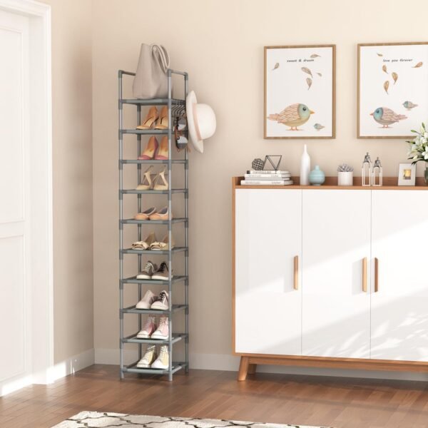 Narrow Shoe Rack 10-Tier Tall Shoe Organizer Skinny Shoe Shelf Storage for 10-15 Pairs Shoe and Boot, Space Saving Corner Shoe Rack Organizer for Closet, Entryway, Living Room, Grey - Image 2