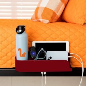 Squirrel-Bedside Perch for College Dorm Room Lofted Bed, Floating Organizer with USB-C & A Charging Ports, Small Spaces, Bed Side Caddy & Nightstand, Device & Cup Holder, Dorm Essential, Red