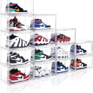 Shoe Boxes, Clear Acrylic Plastic Shoe Boxes Stackable, Space-Saving Foldable Drop Front Shoe Storage Boxes Container for With Lids Fits Up to Size 15 (Clear)