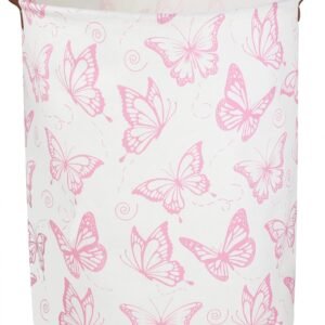 CLOCOR Pink Laundry Basket,Waterproof Nursery Hamper for Baby Girl ,Collapsible Storage Baskets for Girls Bedroom,Kids Toys Storage Bin,Room Decor,Gift Basket（Pink Butterfly