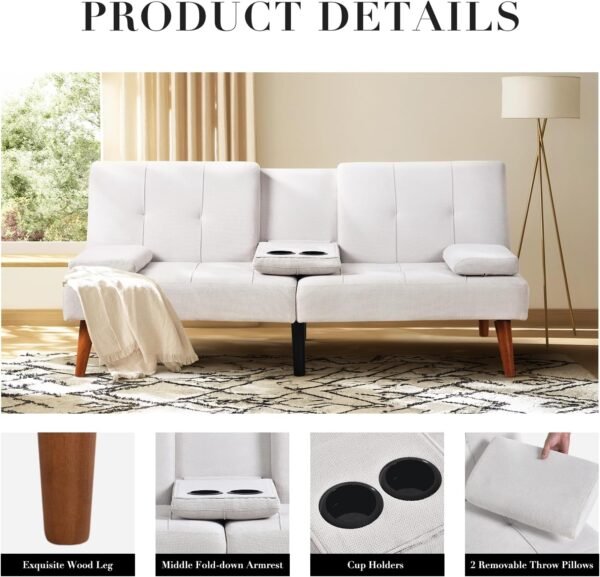 COLAMY Futon Sofa Bed-Fabric Small Futon Couch, Futon Lounge Sofa, Futon Convertible with 2 Cup Holders, Removable Soft Armrest, Adjustable Backrest for Dorm/Bedroom/College Beige - Image 6